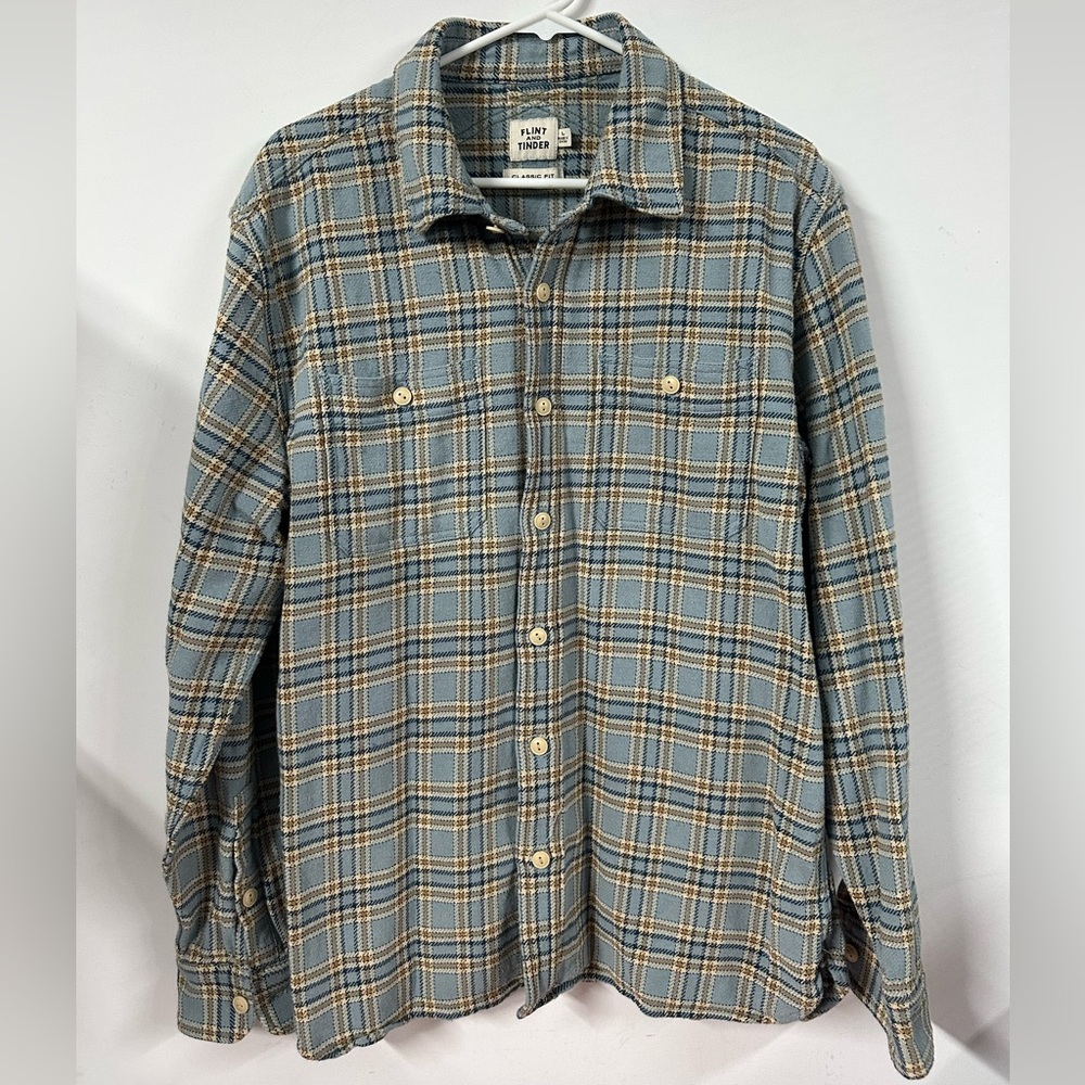 Flint & Tinder Crossback Plaid Overshirt Cotton Size Large Blue Yellow Flannel
